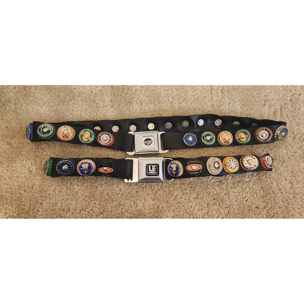 Little Earth Recycled Seatbelt Buckle Belt Vintage Soda Bottle Caps Black Rubber